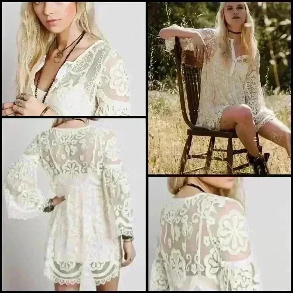 Free People X Jens Pirate Booty Lace Boho Coquette Sheer Babydoll Dress Size XS